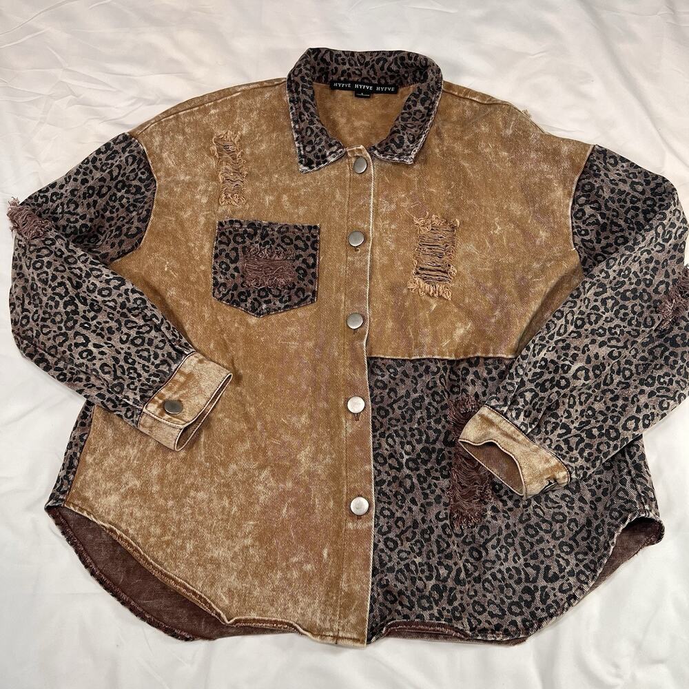 Hyfve Shacket Shirt Size L Brown Leopard Print Distressed Button Long Sleeve Top